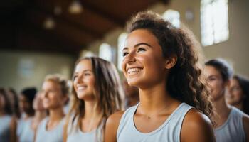 ai gerado uma grupo do jovem mulheres estudo, sorridente, e olhando confiante gerado de ai foto