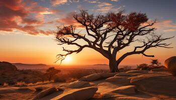 ai gerado pôr do sol sobre africano savana, tranquilo árvore silhueta dentro crepúsculo gerado de ai foto