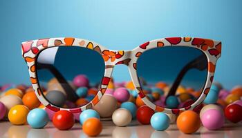 ai gerado multi colori oculos de sol em azul fundo, moda Diversão dentro verão gerado de ai foto