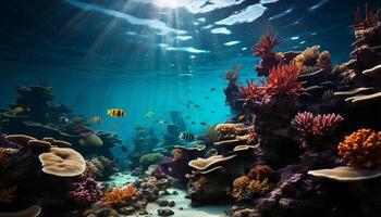 ai gerado embaixo da agua recife peixe dentro natureza, multi colori coral abaixo azul água gerado de ai foto