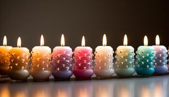 ai gerado queimando velas iluminar a noite, simbolizando celebração e espiritualidade gerado de ai foto