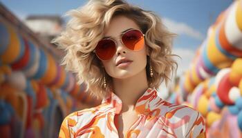 ai gerado jovem mulher dentro oculos de sol, desfrutando verão ao ar livre, irradiando beleza gerado de ai foto