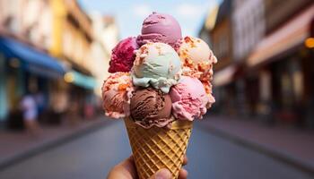 ai gerado comendo gourmet gelo creme, uma refrescante verão indulgência ao ar livre gerado de ai foto