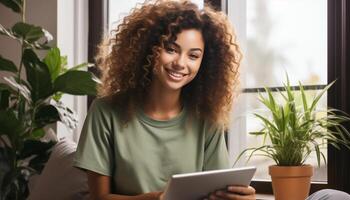 ai gerado sorridente mulher trabalhando a partir de lar, olhando às Câmera com felicidade gerado de ai foto