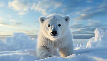 ai gerado uma fofa fofo ártico mamífero olhando às Câmera dentro neve gerado de ai foto