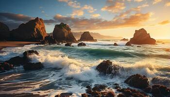 ai gerado pôr do sol sobre a majestoso litoral, ondas batida em rochoso falésias gerado de ai foto