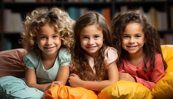 ai gerado sorridente meninas e Rapazes, alegre e bonitinho, olhando às Câmera gerado de ai foto