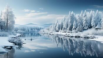 ai gerado tranquilo inverno panorama neve coberto montanhas refletir dentro congeladas água gerado de ai foto