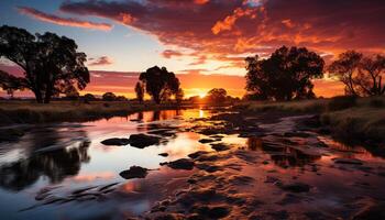 ai gerado pôr do sol sobre tranquilo água, refletindo a beleza do natureza gerado de ai foto