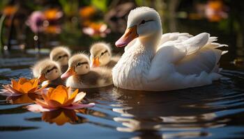 ai gerado fofa patinho grasnando, olhando às cisne dentro lindo lagoa gerado de ai foto