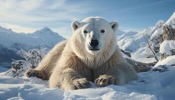 ai gerado uma majestoso cachorro dentro a ártico, cercado de neve coberto montanhas gerado de ai foto