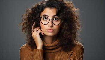 ai gerado jovem adulto mulher com Castanho encaracolado cabelo olhando às Câmera gerado de ai foto