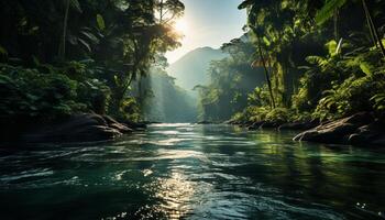 ai gerado tranquilo cena verde floresta, fluindo água, refletindo outono beleza gerado de ai foto