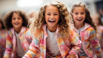 ai gerado grupo do alegre crianças jogando e sorridente dentro escola Sala de aula gerado de ai foto