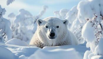 ai gerado fofa animal dentro Nevado floresta, olhando às Câmera com tranquilidade gerado de ai foto