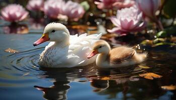 ai gerado Pato família grasnando, refletindo beleza dentro natureza tranquilo lagoa gerado de ai foto