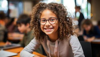 ai gerado sorridente crianças estudando dentro sala de aula, felicidade e Educação juntos gerado de ai foto