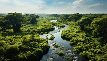 ai gerado tranquilo Prado reflete verde floresta, azul céu, e fluindo água gerado de ai foto