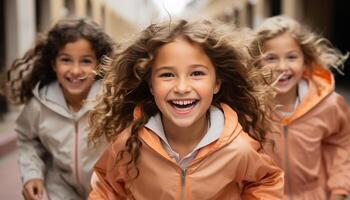 ai gerado sorridente criança, alegre garotas, infância amizade, fofa Diversão ao ar livre gerado de ai foto