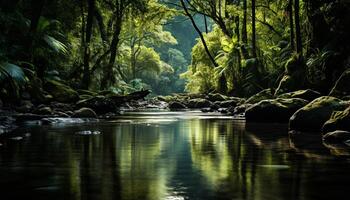 ai gerado tranquilo cena natureza beleza refletido dentro uma fluindo montanha lagoa gerado de ai foto