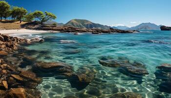 ai gerado idílico verão litoral azul aceno, arenoso praia, tranquilo águas gerado de ai foto