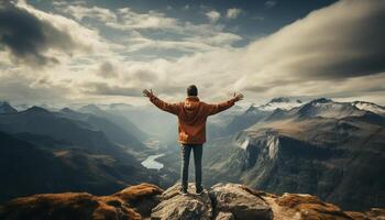 ai gerado 1 pessoa em pé em topo do montanha pico, braços elevado gerado de ai foto