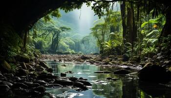 ai gerado tranquilo cena verde floresta, fluindo água, refletindo outono mistério gerado de ai foto