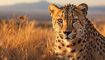 ai gerado majestoso guepardo dentro africano região selvagem, olhando às Câmera com atenção gerado de ai foto