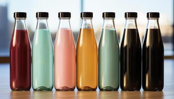 ai gerado uma coleção do colorida vidro garrafas preenchidas com refrescante bebidas gerado de ai foto