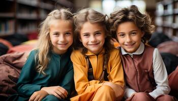 ai gerado sorridente meninas e Rapazes, alegre infância, bonitinho, interior Educação gerado de ai foto