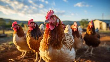 ai gerado majestoso galo em pé dentro uma fresco, orgânico frango coop gerado de ai foto