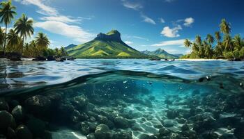 ai gerado embaixo da agua panorama azul água, tropical clima, peixe, recife, verão Férias gerado de ai foto