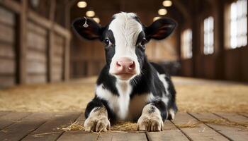 ai gerado fofa vaca em fazenda, olhando às Câmera, pastar dentro Prado gerado de ai foto