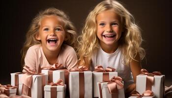 ai gerado sorridente garotas, fofa e alegre, comemoro aniversário com alegria gerado de ai foto