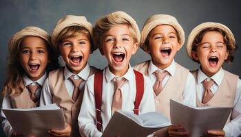 ai gerado grupo do alegre crianças dentro escola uniformes estudando juntos dentro de casa gerado de ai foto