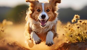 ai gerado uma fofa cachorro jogando dentro a grama, desfrutando a luz solar gerado de ai foto