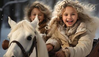 ai gerado dois meninas sorridente ao ar livre, desfrutando inverno Diversão em uma Fazenda gerado de ai foto