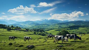 ai gerado verde Prado, vacas pastando, montanhas, azul céu, pacífico rural cena gerado de ai foto