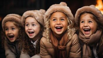 ai gerado fofa crianças jogando, sorridente, rindo, desfrutando inverno celebração ao ar livre gerado de ai foto