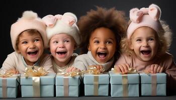 ai gerado fofa meninas e Rapazes sorridente, a comemorar aniversário com alegre Diversão gerado de ai foto