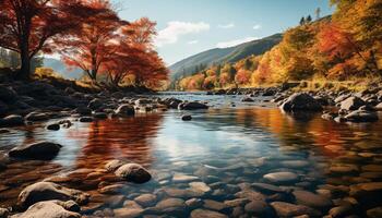 ai gerado tranquilo outono panorama floresta, montanha, água, reflexão, colorida folhas gerado de ai foto