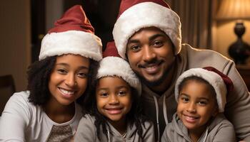 ai gerado sorridente família comemora Natal, amor e alegria preencher a quarto gerado de ai foto