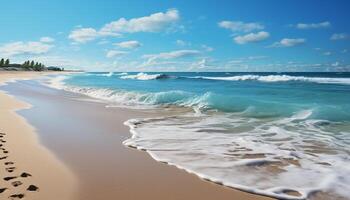 ai gerado tranquilo marinha azul água, arenoso litoral, ondas espirrando, verão relaxamento gerado de ai foto