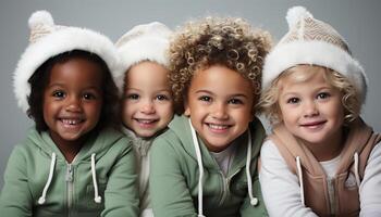 ai gerado sorridente Rapazes e garotas, alegre e bonitinho, olhando às Câmera gerado de ai foto