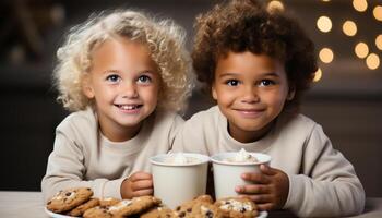 ai gerado sorridente crianças cozimento, desfrutando doce biscoitos, criando alegre recordações gerado de ai foto