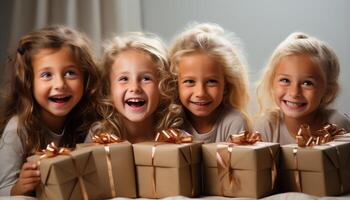 ai gerado quatro alegre crianças segurando presente caixas, sorridente às a Câmera gerado de ai foto