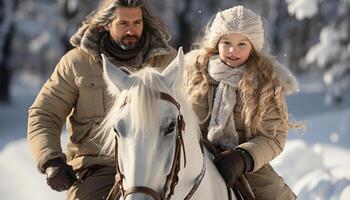 ai gerado família equitação cavalos dentro a neve, sorridente e tendo Diversão gerado de ai foto