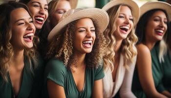 ai gerado jovem mulheres desfrutando uma despreocupado verão festa, sorridente e rindo gerado de ai foto