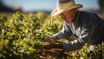 ai gerado 1 Senior homem, uma agricultor, trabalhando ao ar livre dentro uma Vinhedo gerado de ai foto