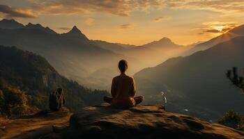 ai gerado 1 pessoa meditando em montanha pico, cercado de sereno natureza gerado de ai foto